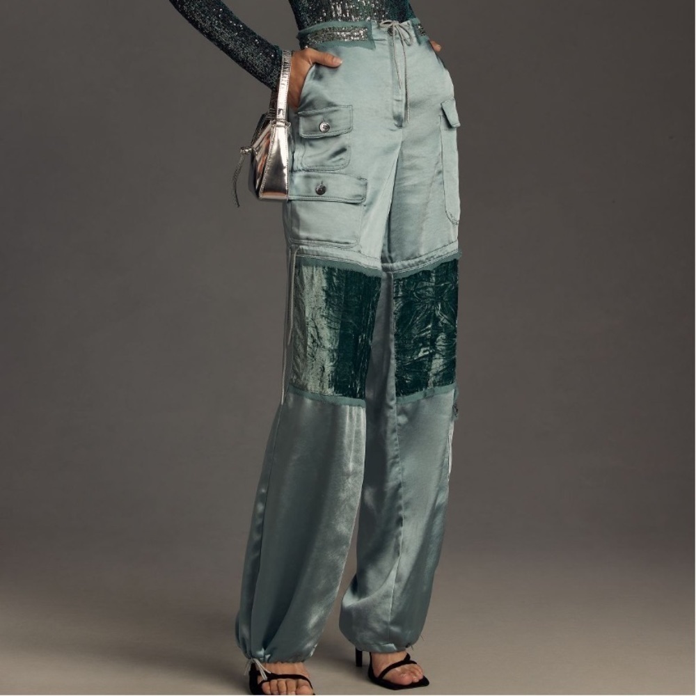 Anna Sui- NWT Teal Silk, Sequin and Velvet Cargo Pants